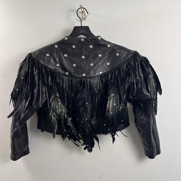 Vintage Woman’s Leather Stud Feather Cropped Biker Western Fringed Jacket - Picture 2 of 7